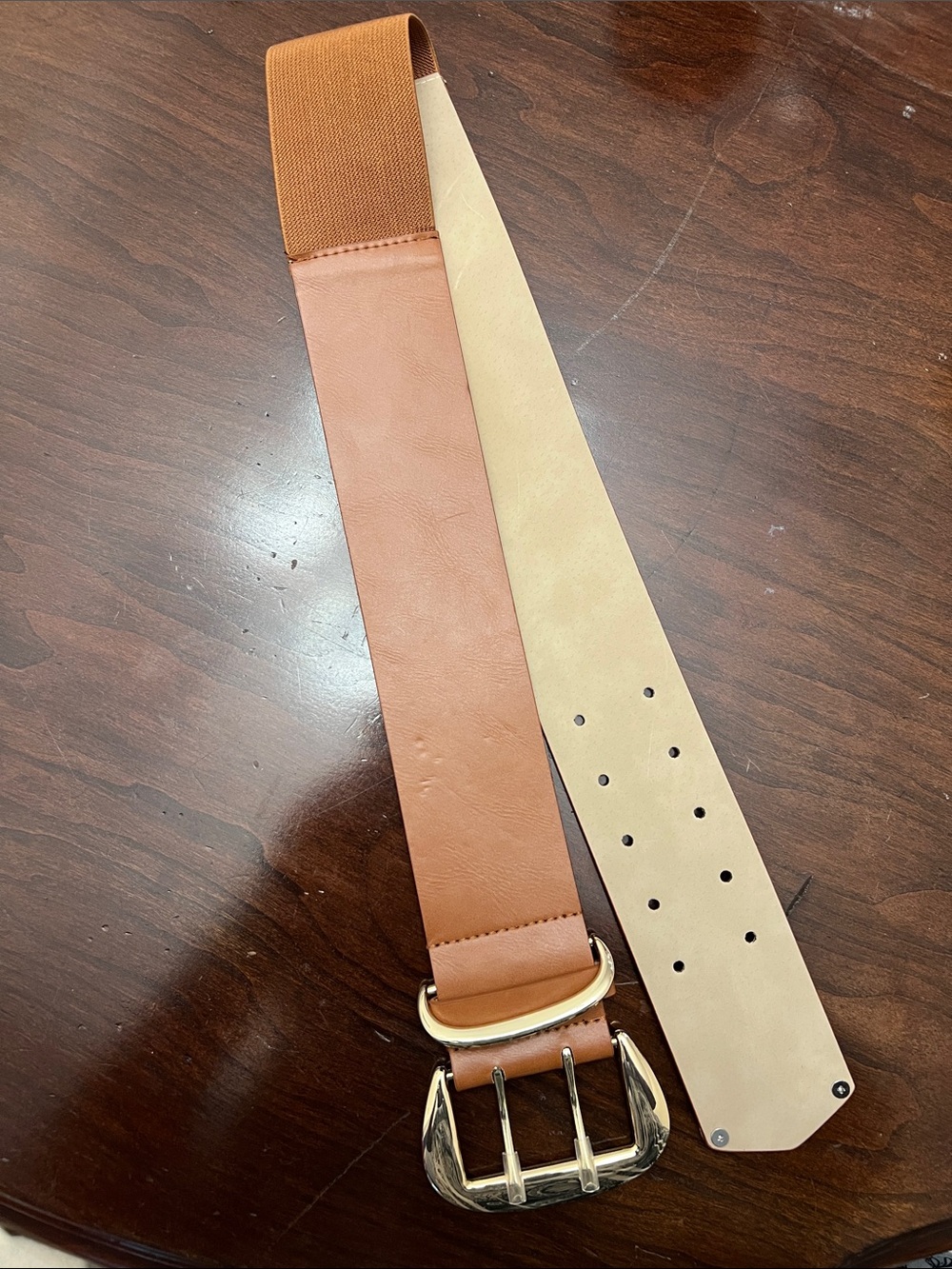 Wide Tan Women's Stretch Belt with Gold-Tone Buckle